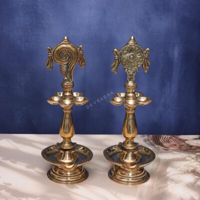 Antique Brass Shankha Chakra Lamp Pair 14.5 Inch Traditional Decorative Statue,,
