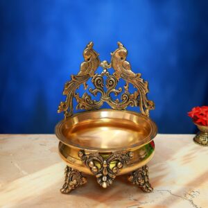 Antique Brass Urli with Parrot 10 Inch Beautiful and Decorative Art Statue