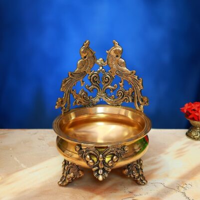 Antique Brass Urli with Parrot 10 Inch Beautiful and Decorative Art Statue