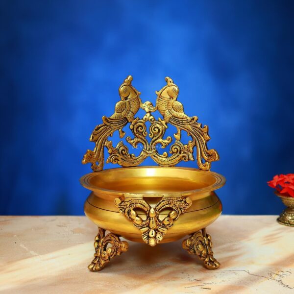 Brass Urli with Parrot 10 Inch Elegant and Beautiful Decorative Statue