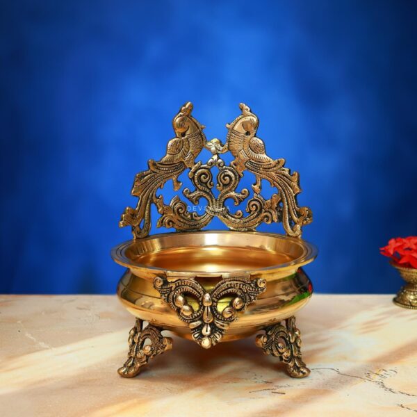 Antique Brass Urli with Parrot 10 Inch Beautiful and Decorative Art Statue