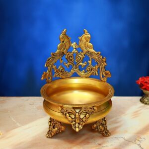 Brass Urli with Parrot 10 Inch Elegant and Beautiful Decorative Statue