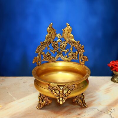 Brass Urli with Parrot 10 Inch Elegant and Beautiful Decorative Statue
