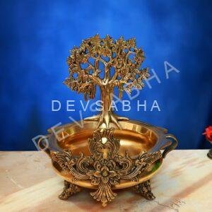 Antique Brass Urli with Tree 13.5 Inch Elegant and Decorative Art Statue