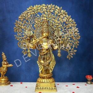 Brass Krishna Idol with Tree 29 Inch Graceful and Beautiful Decorative Statue