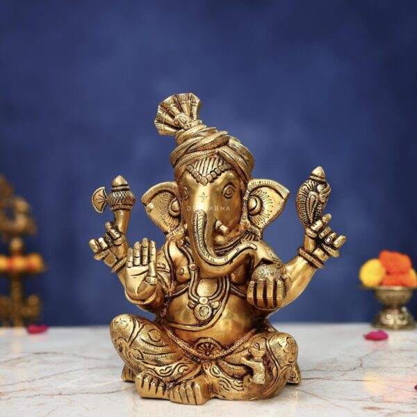 Brass Pagdi Ganesh Idol 10 Inch Auspicious and Beautiful Decorative Murti Statue