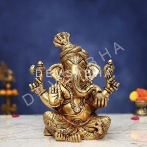Brass Pagdi Ganesh Idol 10 Inch Auspicious and Beautiful Decorative Murti Statue