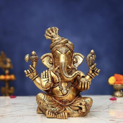 Brass Pagdi Ganesh Idol 10 Inch Auspicious and Beautiful Decorative Murti Statue