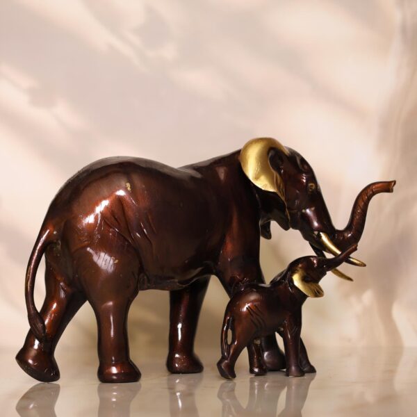 Brass Coffey Color Elephant Mother and Baby Statue 6.7 Inch Decorative Piece
