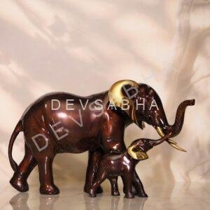 Brass Coffey Color Elephant Mother and Baby Statue 6.7 Inch Decorative Piece