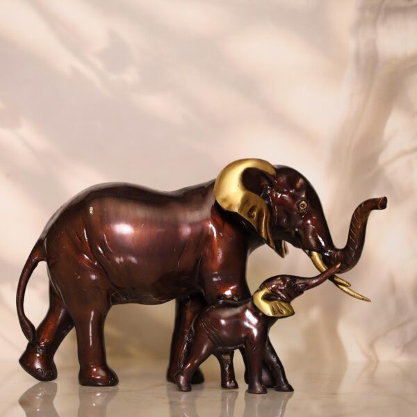 Brass Coffey Color Elephant Mother and Baby Statue 6.7 Inch Decorative Piece