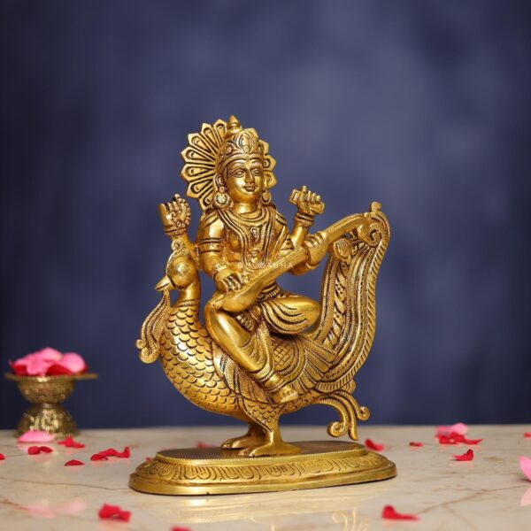 Brass Saraswati Idol 10 Inch Graceful and Beautiful Murti Statue