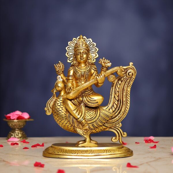Brass Saraswati Idol 10 Inch Graceful and Beautiful Murti Statue