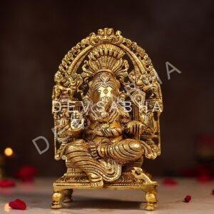 Brass Ganesh Idol Sitting on Singhasan – 8 Inch
