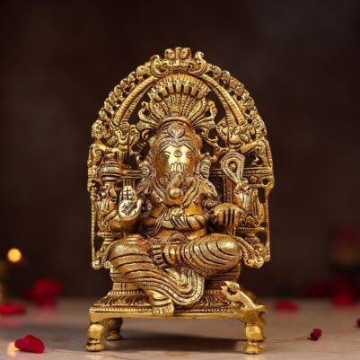 Brass Ganesh Idol Sitting on Singhasan – 8 Inch