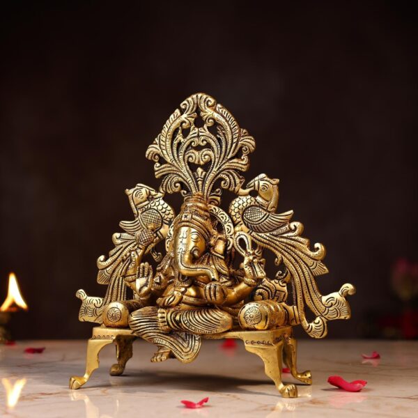 Brass Ganesh Idol Sitting on Singhasan Height 9.2 Inch Pure