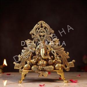 Brass Ganesh Idol Sitting on Singhasan Height 9.2 Inch Pure