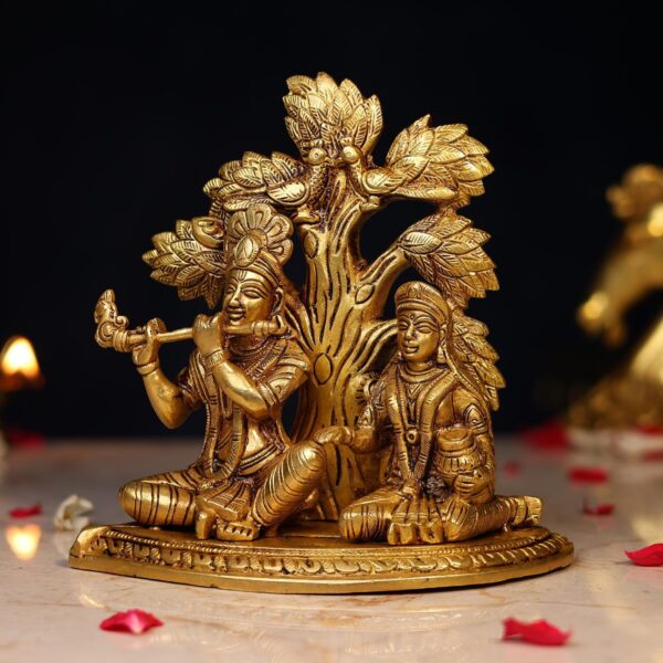 Brass Radha Krishna Idol Sitting Under Kalpavriksha Tree Height 7 Inch