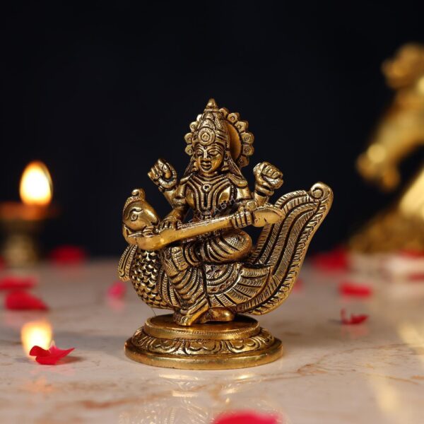 Brass Goddess Saraswati Idol – 4.5 Inch