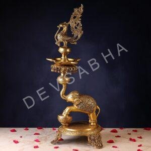 Brass Peacock Lamp with Dancing Elephant Height 29.5 Inch