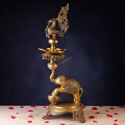Brass Peacock Lamp with Dancing Elephant Height 29.5 Inch