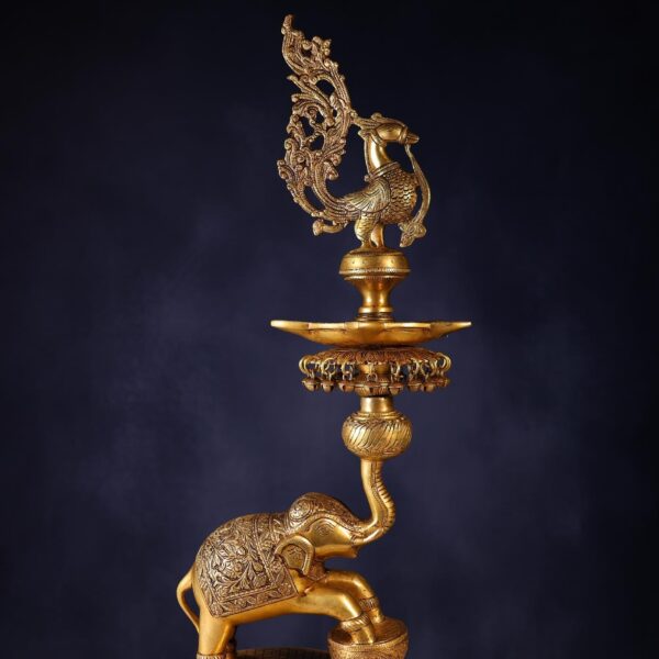 Brass Peacock Lamp with Dancing Elephant Height 29.5 Inch