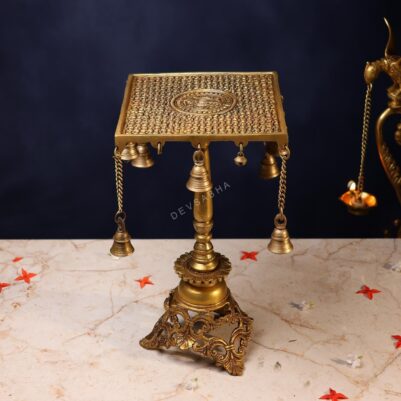 Large Brass Chowki with Bell – 15 Inch Pure Handcrafted Pooja Stool