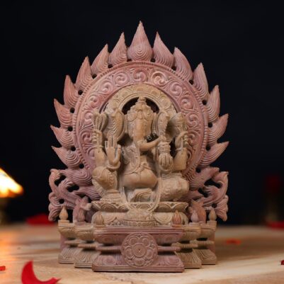 Pink Stone Ganesha Idol Sitting on Throne 8 Inch Handcrafted Murti for Pooja