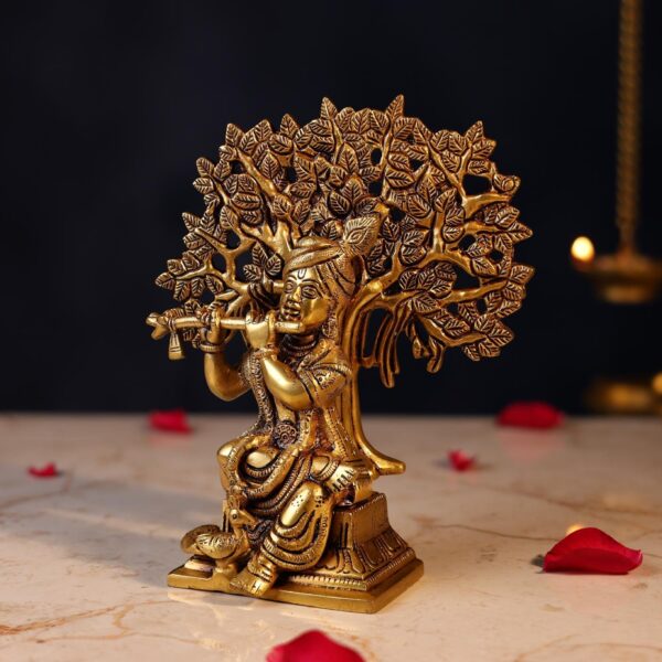 Brass Krishna Idol Sitting Under Tree – 8 Inch Handcrafted Murti for Pooja