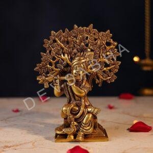 Brass Krishna Idol Sitting Under Tree – 8 Inch Handcrafted Murti for Pooja