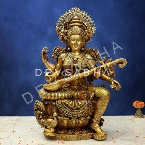 Large Brass Saraswati Idol – 24 Inches – Divine Maa Saraswati Statue