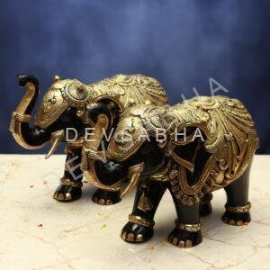 Brass Black Colour Elephant Pair Statue – 12 Inches – Elegant Handcrafted Décor for Home & Office