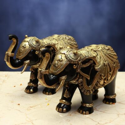 Brass Black Colour Elephant Pair Statue – 12 Inches – Elegant Handcrafted Décor for Home & Office