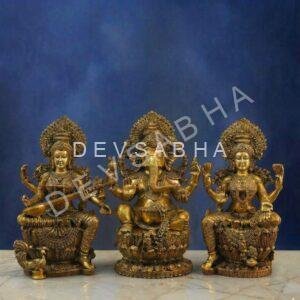 Large Brass Ganesh Laxmi Saraswati Idol – 25.5 Inches – Divine Trio Statue