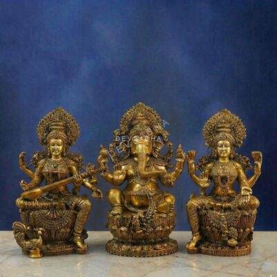 Large Brass Ganesh Laxmi Saraswati Idol – 25.5 Inches – Divine Trio Statue