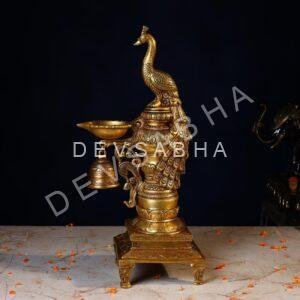 Brass Peacock Lamp – 19 Inches – Elegant Handcrafted Diya for Home & Temple Décor