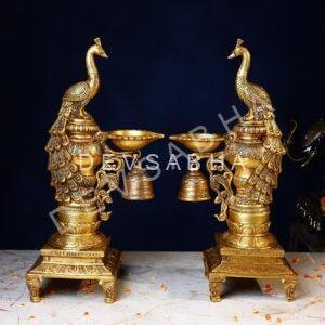 Brass Peacock Lamp Pair – 19 Inches – Elegant Handcrafted for Home & Temple Décor