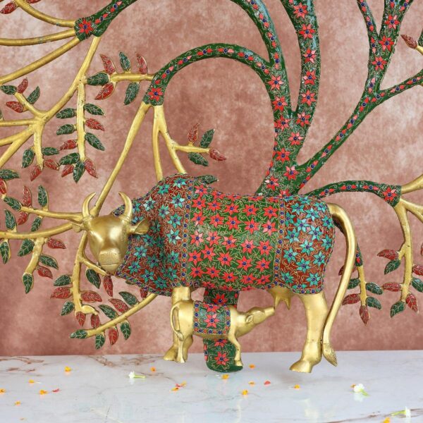 Super Large Brass Wall Hanging Kamdhenu and Calf Under Tree – 44 Inches – Divine Handcrafted Wall Art for Home