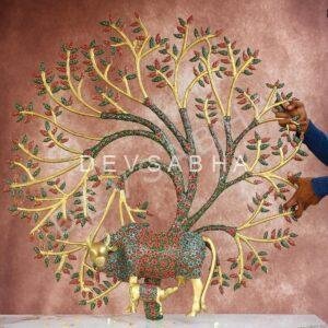 Super Large Brass Wall Hanging Kamdhenu and Calf Under Tree – 44 Inches – Divine Handcrafted Wall Art for Home