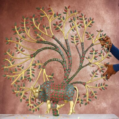 Super Large Brass Wall Hanging Kamdhenu and Calf Under Tree – 44 Inches – Divine Handcrafted Wall Art for Home