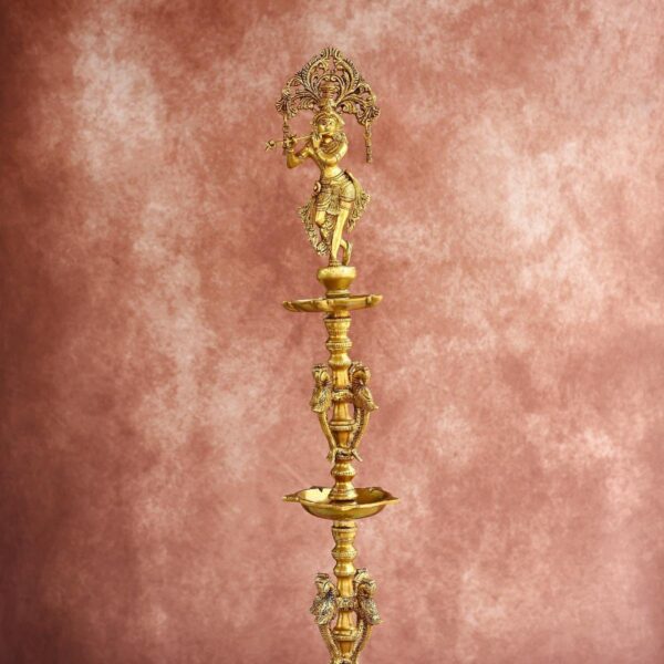 Brass Tall Krishna Lamp – 36.5 Inches – Majestic Handcrafted Diya for Home & Temple Décor