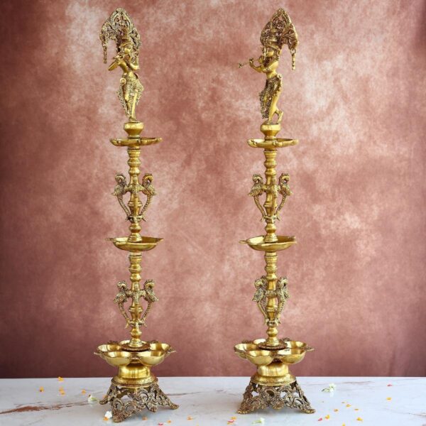 Brass Krishna Lamp Pair – 36.5 Inches – Grand Handcrafted Diya Set
