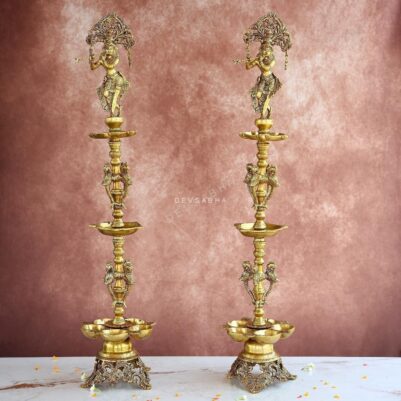 Brass Krishna Lamp Pair – 36.5 Inches – Grand Handcrafted Diya Set