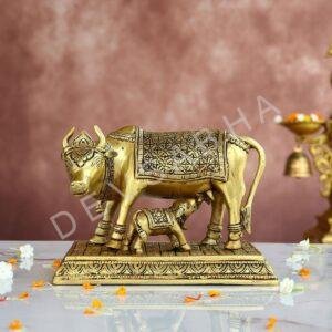 Superfine Brass Kamadhenu with Calf Idol – 5.5 Inches – Divine Cow Statue for Home & Temple