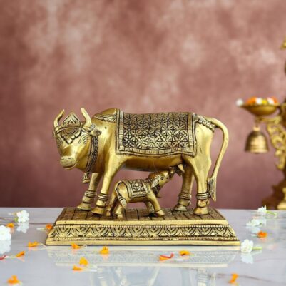 Superfine Brass Kamadhenu with Calf Idol – 5.5 Inches – Divine Cow Statue for Home & Temple