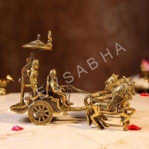 Superfine Elegant Brass Krishna and Arjuna Chariot – 8 Inches | Mahabharata Divine Sculpture