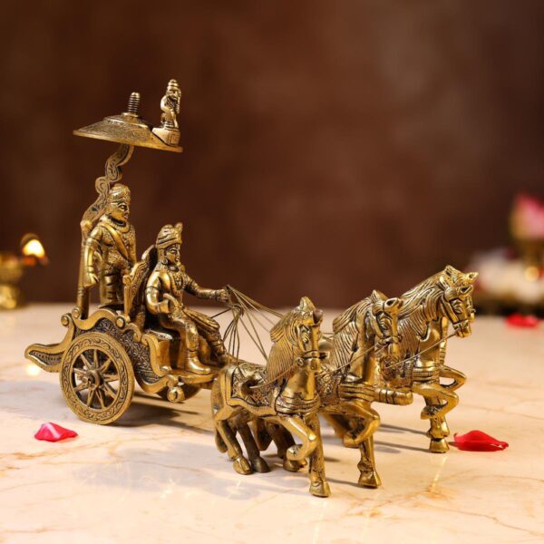 Superfine Elegant Brass Krishna and Arjuna Chariot – 8 Inches | Mahabharata Divine Sculpture