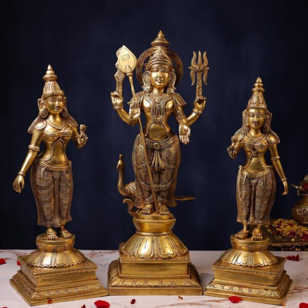 Brass Murugan with Devasena and Valli Idol – 23.5 Inches