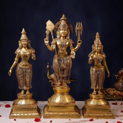 Brass Murugan with Devasena and Valli Idol – 23.5 Inches