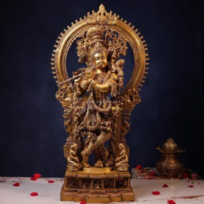 Large Size Brass Krishna Idol Playing Flute – 32 Inches | Divine & Majestic Statue